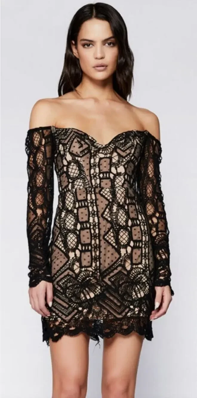 BARDOT Women's Zendaya Mini Lace Dress Large Black Nude Off Shoulder NWT